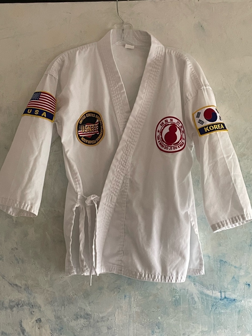 🥋Boys Taekwondo Uniform Gi Top Patches USA, Korea, Ji Do Kwan, USA TKD Fed Size
